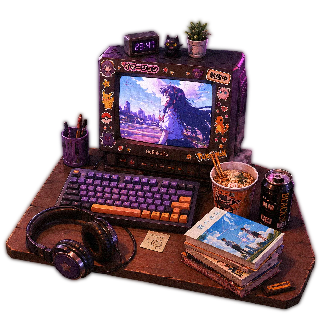 A cozy, retro-futuristic urban otaku desk with a CRT monitor showing anime, representing the ultimate Japanese immersion environment.