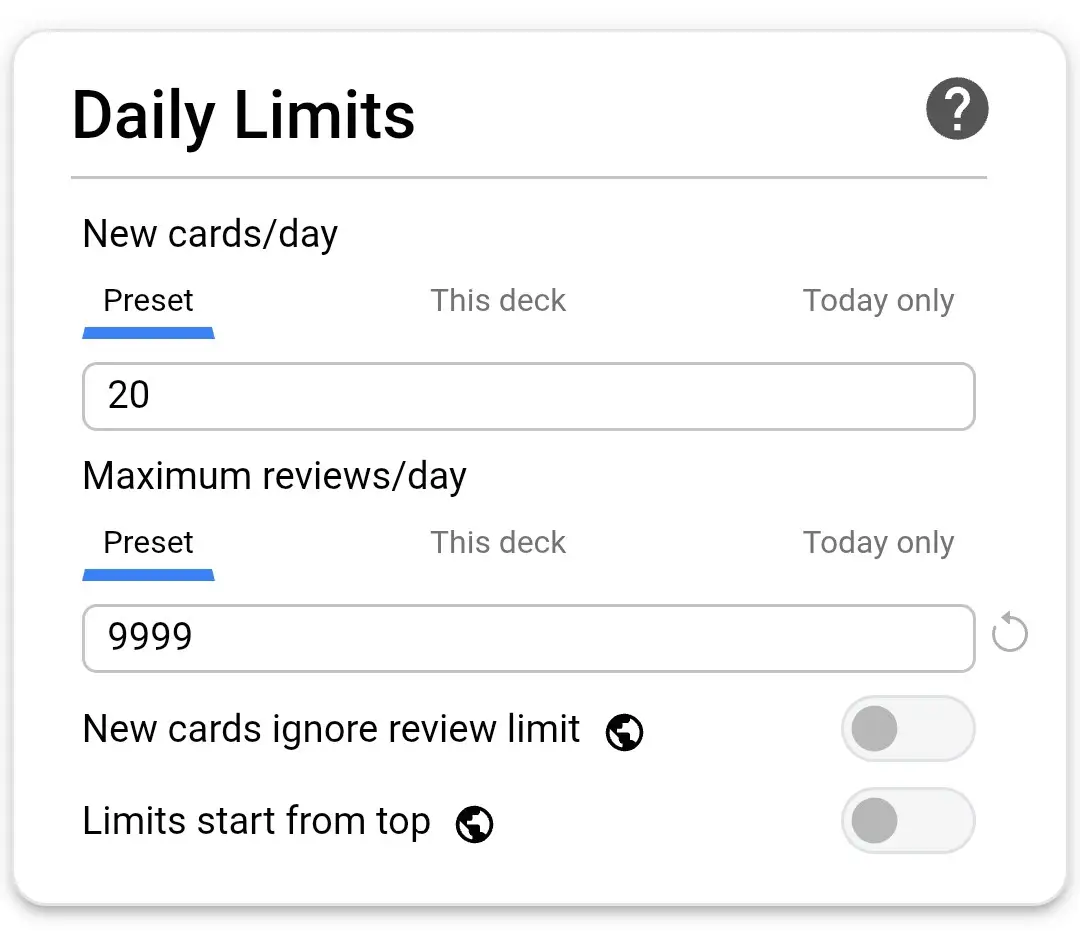 AnkiDroid Daily Limits settings: New cards/day set to 20, Maximum reviews/day set to 9999