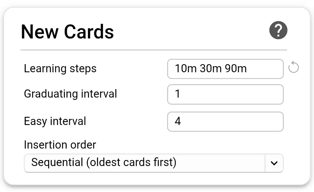 AnkiDroid New Cards settings: Learning steps 10m 30m 90m, Graduating interval 1, Easy interval 4
