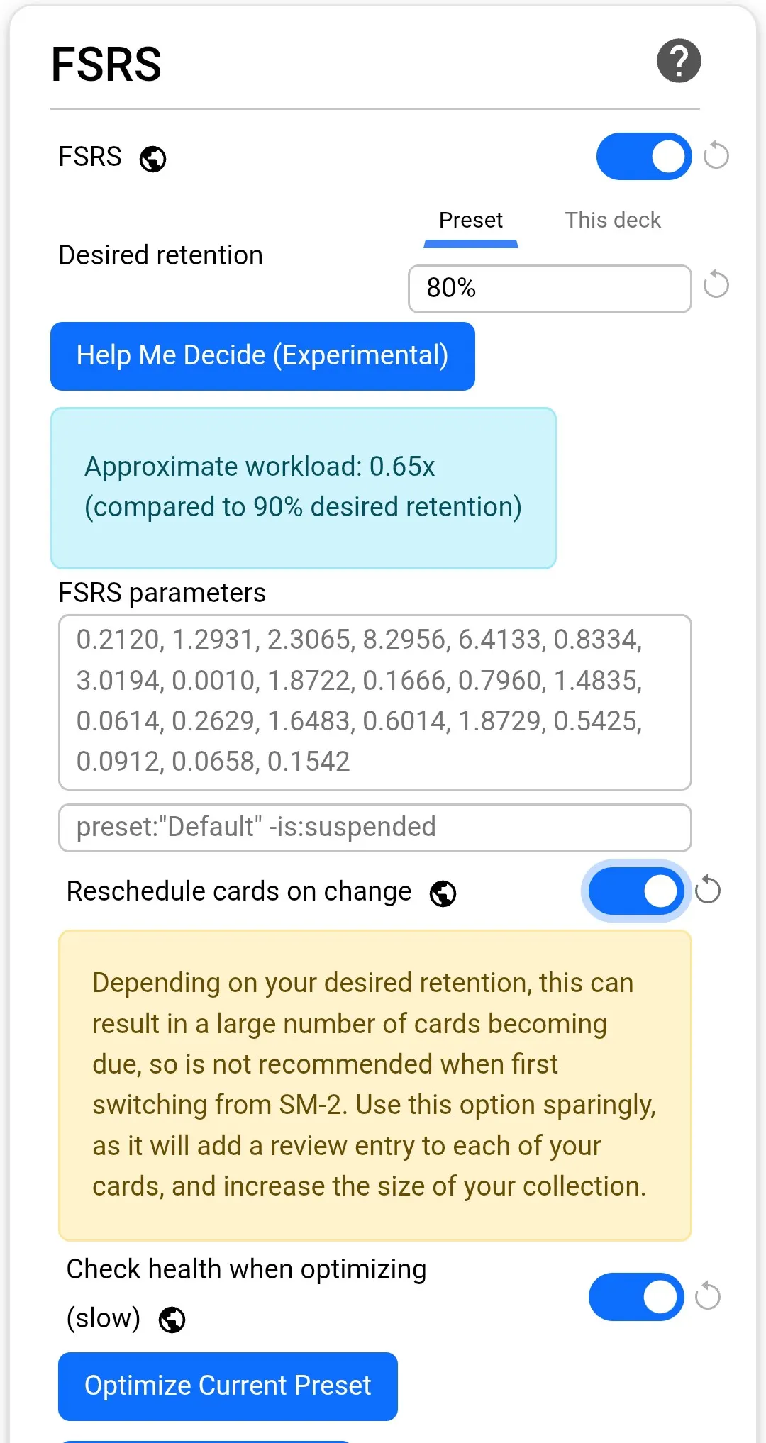 AnkiDroid FSRS settings: ON/OFF toggle, Desired retention 0.9, Reschedule cards on change enabled