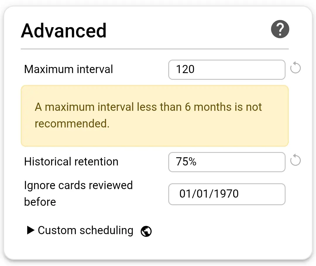 AnkiDroid Advanced settings: Maximum interval 120 days, Historical retention 80%