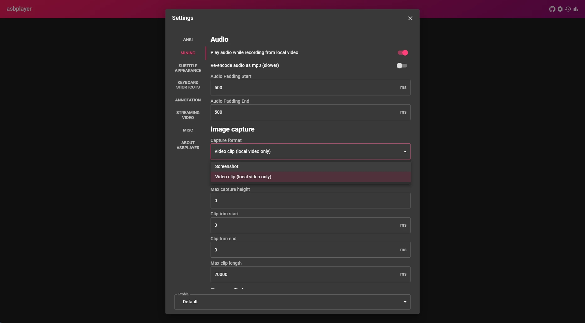 Asbplayer enable video capture option