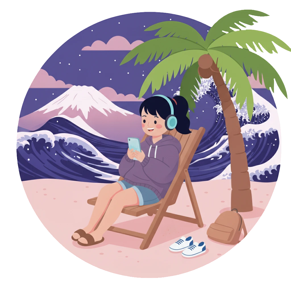 Japanese Learning Illustration - Person relaxing on beach with Mount Fuji background